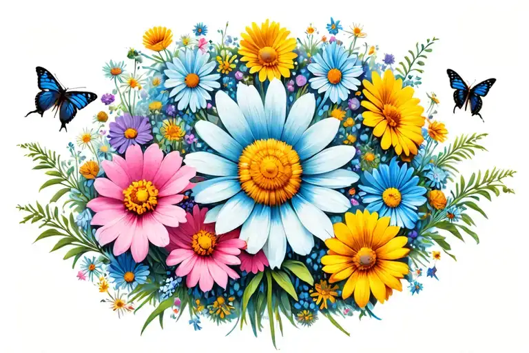 Mandala with wildflowers, daisies, cosmos, butterflies, and bees tattoo design idea