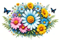 Mandala with wildflowers, daisies, cosmos, butterflies, and bees tattoo design idea