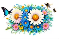 Mandala with wildflowers, daisies, cosmos, butterflies, and bees tattoo design idea