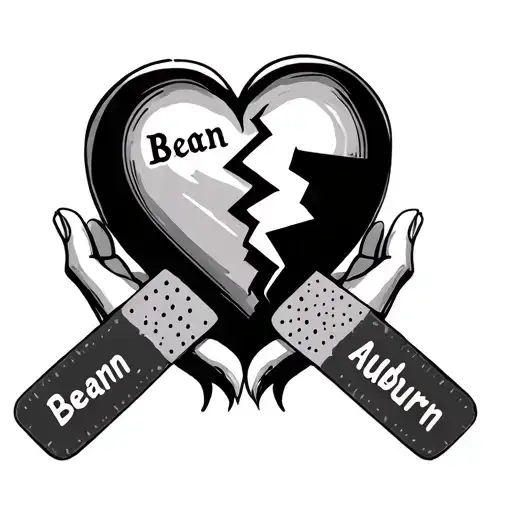 a broken heart being held together by two bandaids one saying Bean and the other saying Auburn  tattoo design idea