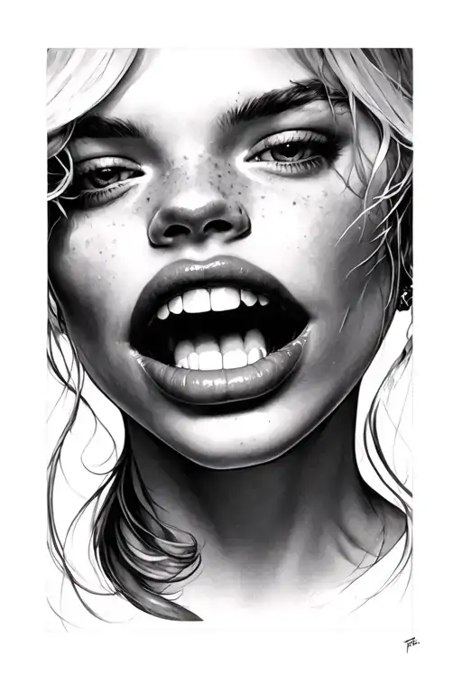 girl biting lip print tattoo design idea