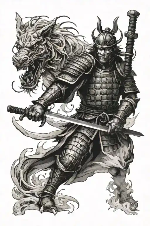 samurai warrior battling mythical creatures tattoo design idea