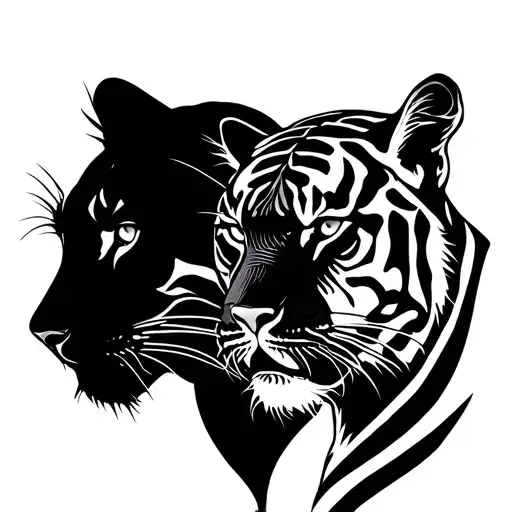 panther and tiger in side profile facing outwards making shape of a heart tattoo design idea