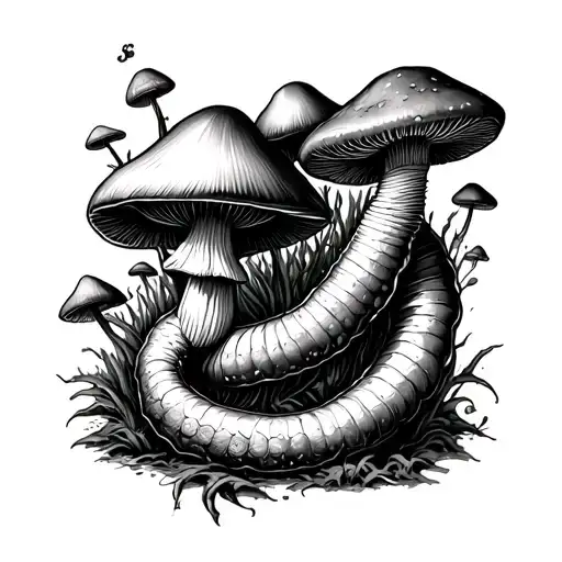 worm and mushrooms tattoo design idea