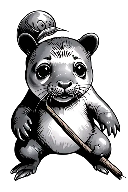 sad baby seal getting poked with a stick tattoo design idea