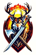 "You have my swords " stag,wolf, ax & short swords crossed tattoo design idea