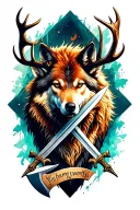 "You have my swords " stag,wolf, ax & short swords crossed tattoo design idea