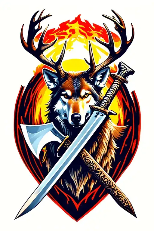 "You have my swords " stag,wolf, ax & short swords crossed tattoo design idea