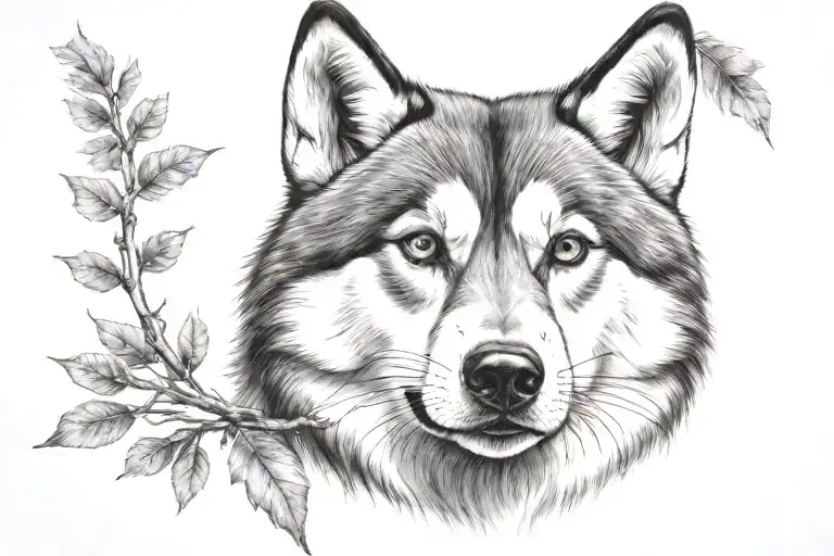 beautiful brown eyed husky with a fox-like face, pulling a sled, with tree branches around tattoo design idea