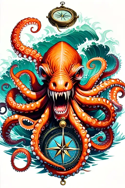 angry kracken octopus in ocean with nautical compass in middle with tentacles out wide with waves tattoo design idea