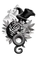 Peruvian moutain range outline incorporating a cougar, a condor, and snake and coca leaves and pachamama spiral tattoo design idea