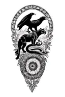 Peruvian moutain range outline incorporating a cougar, a condor, and snake and coca leaves and pachamama spiral tattoo design idea