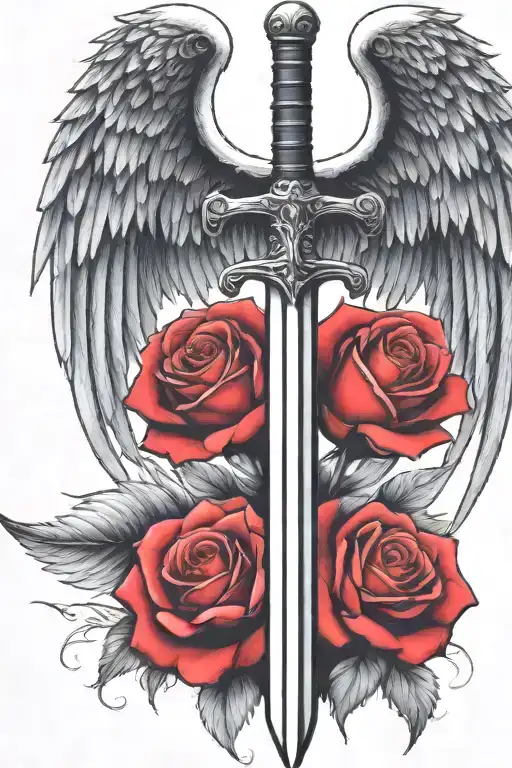 angel wings behind a sword, roses tattoo design idea