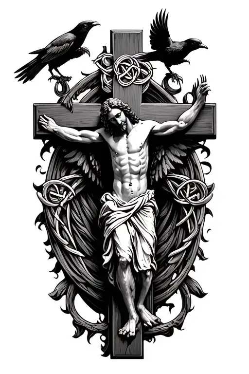 jesus on celtic cross with crows perched and flying with claws no background tattoo design idea