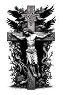 jesus on celtic cross with crows perched and flying with claws no background tattoo design idea