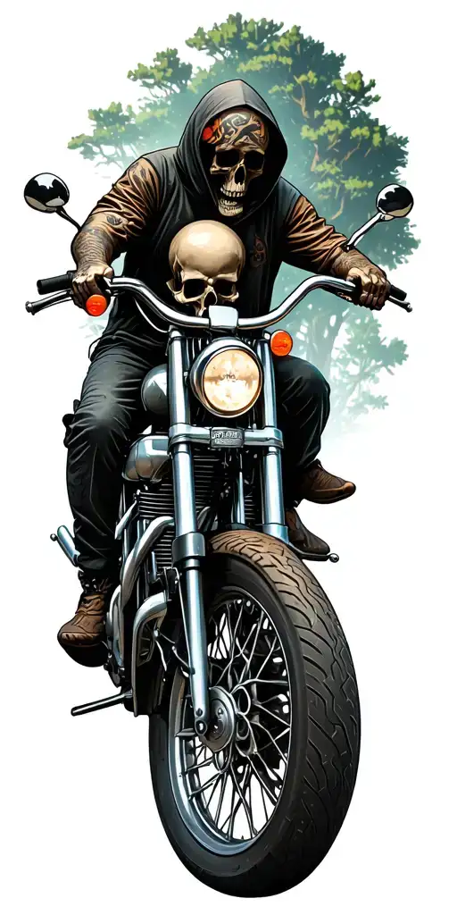 Biker in hood on a harley motorcycle riding through a giant forest, lots of skulls and bones laying around tattoo design idea