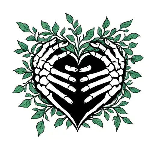 heart shaped skeleton hands open center with vines around leg tattoo design idea