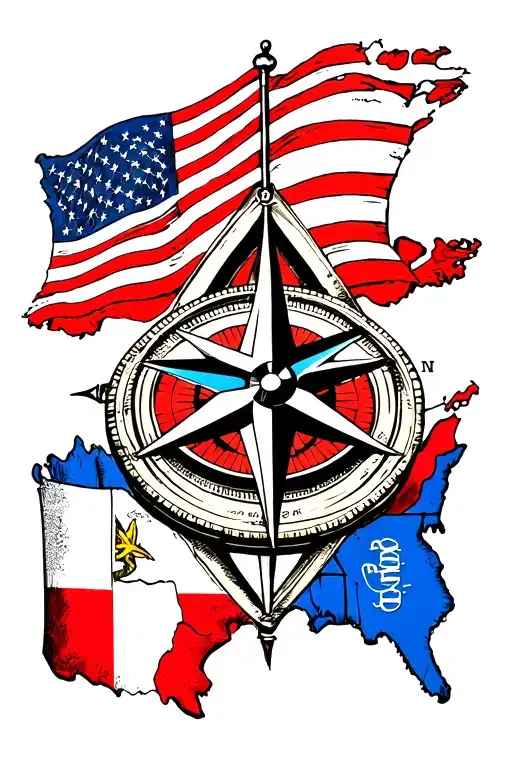  A compass rose. surrounded by the US flag, the Panamanian flag, Texas flag and Arkansas flag tattoo design idea