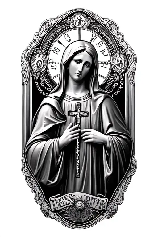 saint benedict medallion plus virgin mary holding the rosary plus a cross tattoo design idea
