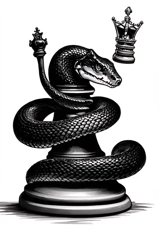 a black snake coils around the chess piece of the queen tattoo design idea