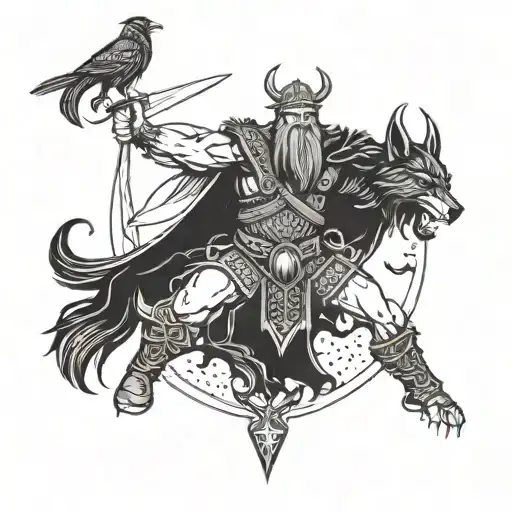 Viking warrior, odin hanging, raven, wolf, viking demon tattoo design idea