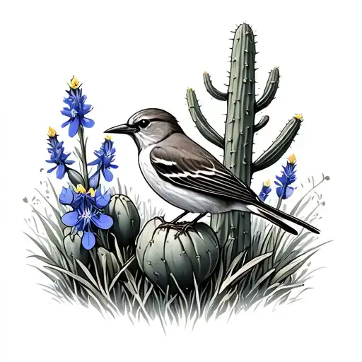 mockingbird on prickly pear cactus surrounded by bluebonnet and Texas grass  tattoo design idea