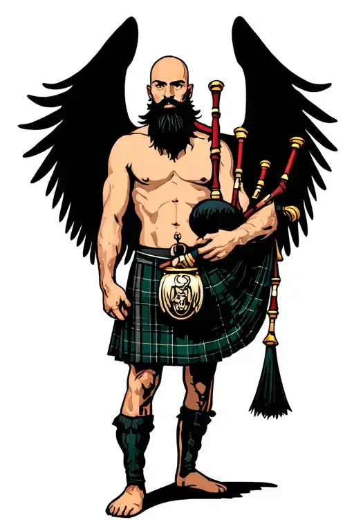 shirtless muscular bagpiper bald black beard playing bagpipes huge black wings black background tattoo design idea
