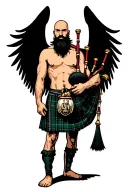 shirtless muscular bagpiper bald black beard playing bagpipes huge black wings black background tattoo design idea