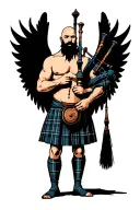 shirtless muscular bagpiper bald black beard playing bagpipes huge black wings black background tattoo design idea