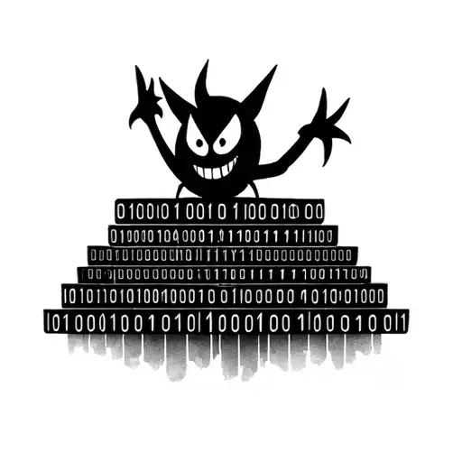 Lengthwise stack of binary code. Vox, the TV Demon from the Hazbin Hotel is grinning over the top of it tattoo design idea