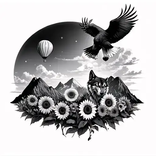 on the one side baloon on the sky, sunflowers, eagle on the sky, and on the another side mountains, the moon, wolfs,  tattoo design idea