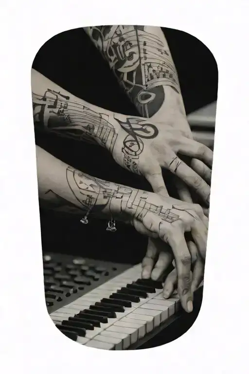 keyboard running down to back of hand  twisting around forarm. music staff of 4 measures with a melody. clouds tattoo design idea