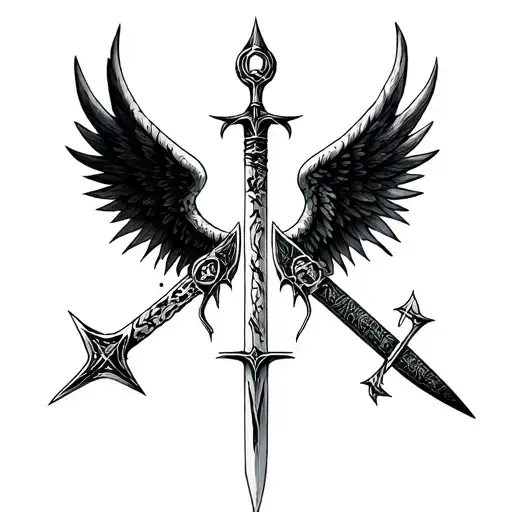 Vinland saga thorfinn daggers with runes, with crumbling wings on both sides surrounded by shadows with Japanese love tattoo design idea