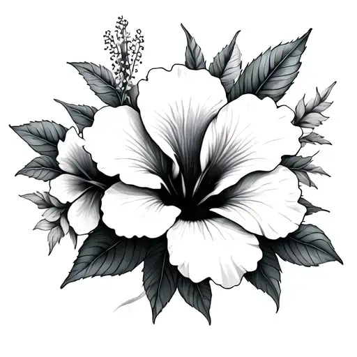 A tattoo of flowers, highly detailed, photorealistic. Some hibiscus flowers, all black and white and has to have the wor tattoo design idea