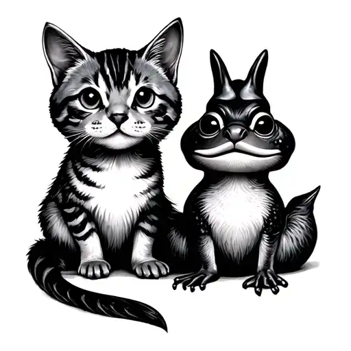 matching smal Sibling tattoos that include either cats, ducks or frogs tattoo design idea