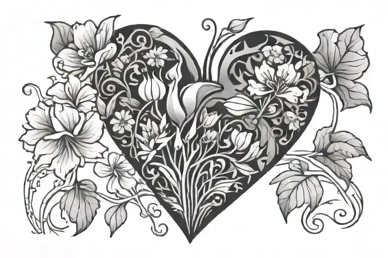 a heart that fall in pieces in puzzle form in a field of cyclamen, dandelion and higanbana tattoo design idea