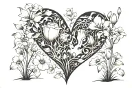 a heart that fall in pieces in puzzle form in a field of cyclamen, dandelion and higanbana tattoo design idea