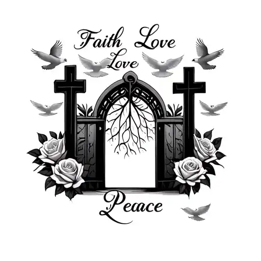 Roses clouds with 3 crosses and 3 cursive words that says faith love and peace with doves ands gate opening tattoo design idea