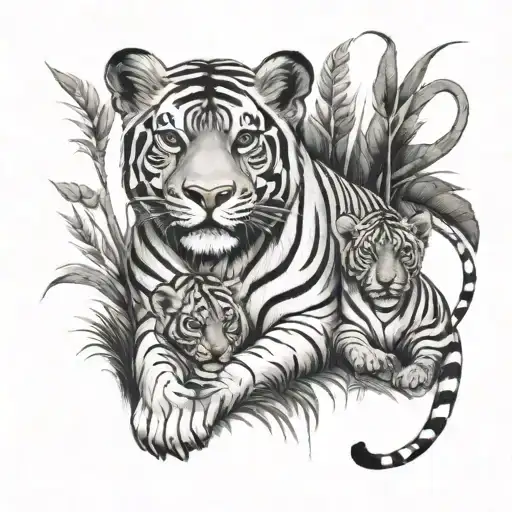 Tigress with two lion cubs in nature in full growth tattoo design idea