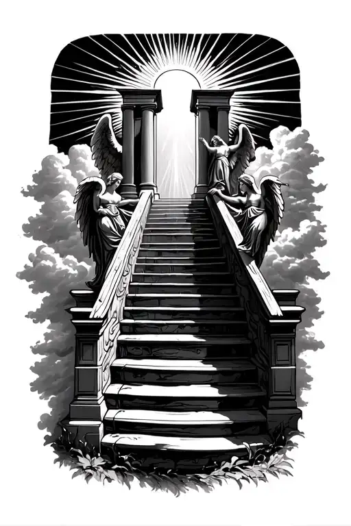 stairway to heaven walking up stairs angels sun rays clouds heaven gate at the top of the stairs  tattoo design idea