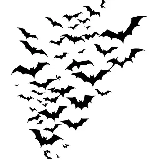 a flock o bats flying upwards, black and white, theme: gothic,  dark fantasy tattoo design idea