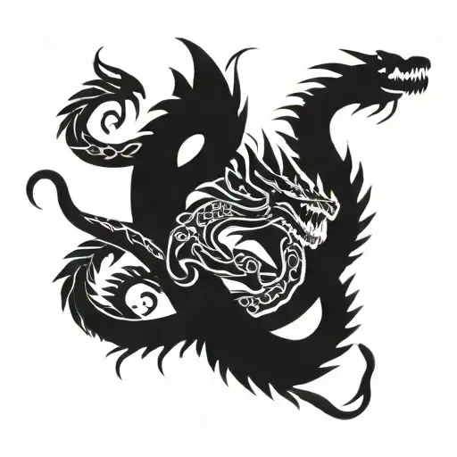 a dragon wrapped around a snake and an AK-47 in the middle tattoo design idea