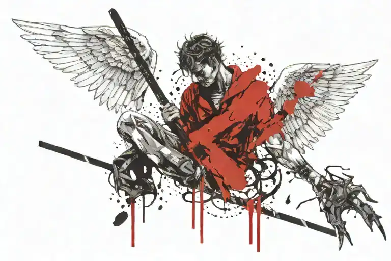 fallen angel holding a sword, cut in half, meditating spirit surrounded by the 5 elements and the universe tattoo design idea