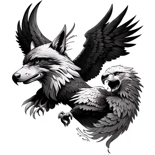 eagle with 2 heads, wolf on the left and angel on the right tattoo design idea