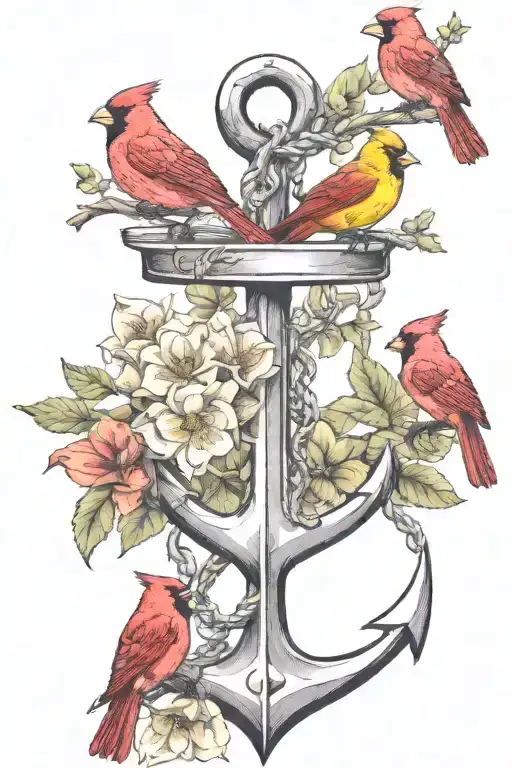 july birth flower flowing out of an anchor with cardinals sitting on a branch  tattoo design idea