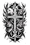 Black tribal forearm tattoo from elbow to wrist with detailed crosses, Nordic runes, and realistic wild animals (Komodo  tattoo design idea