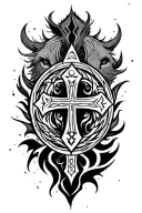 Black tribal forearm tattoo from elbow to wrist with detailed crosses, Nordic runes, and realistic wild animals (Komodo  tattoo design idea