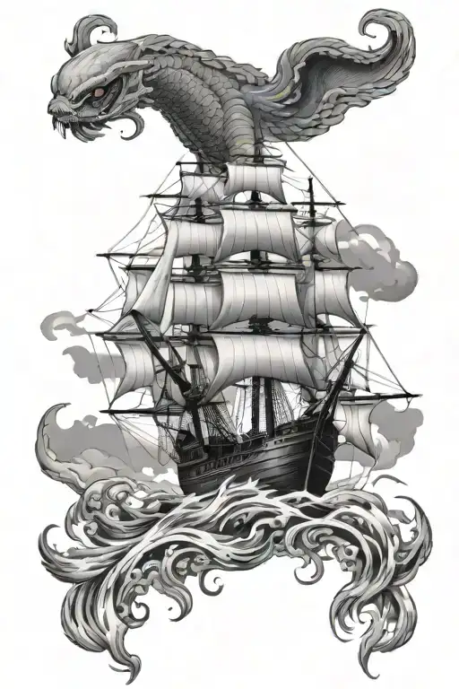 Clipper Ship Kraken rising Phoenix from fire tattoo design idea