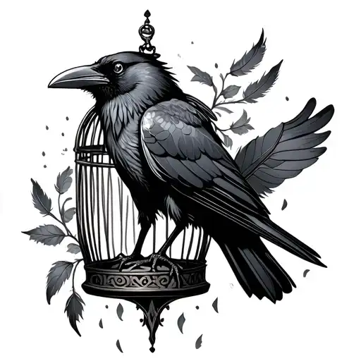 raven sitting inside a rose cage with the door open and feathers falling down off the cage tattoo design idea