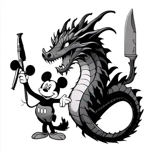 dragon with long body and mickey mouse and table knife tattoo design idea